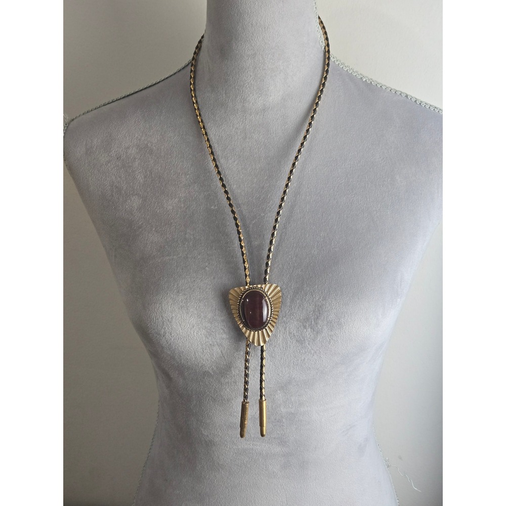 Vintage Gold Tone Tiger Eye Bolo Tie Black Gold Braided Cord Western Accessory